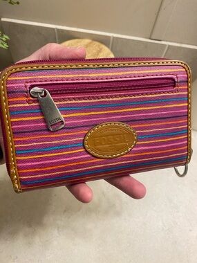 Fossil Striped Pink Multi Zip Around Wallet with Leather Trim